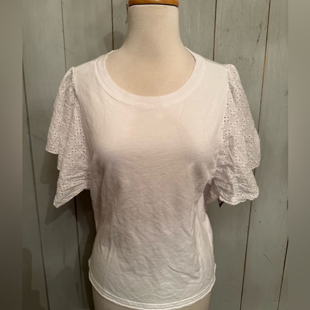 Michael Stars Trixie Flutter Eyelet‎ Sleeve Top Knit Blouse White Sz-M NWOT